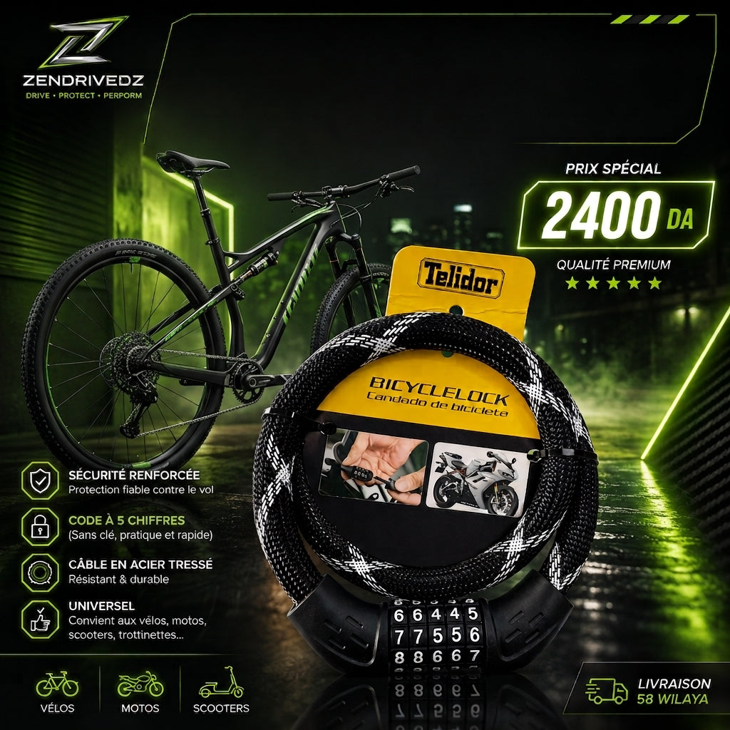 Antivol pour Vélo, Moto et Trottinette - Code à 5 Chiffres.